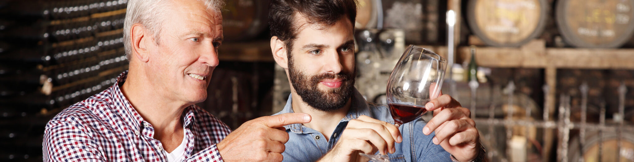 Senior man talking to adult son about wine